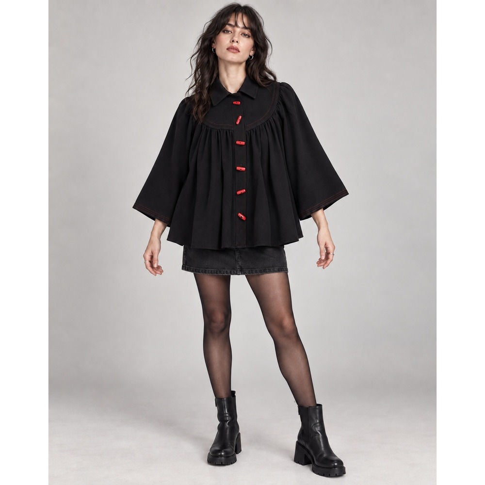 Vintage 70s Goth Babydoll Blouse Black Red Buttons Michèle Fontaine Paris